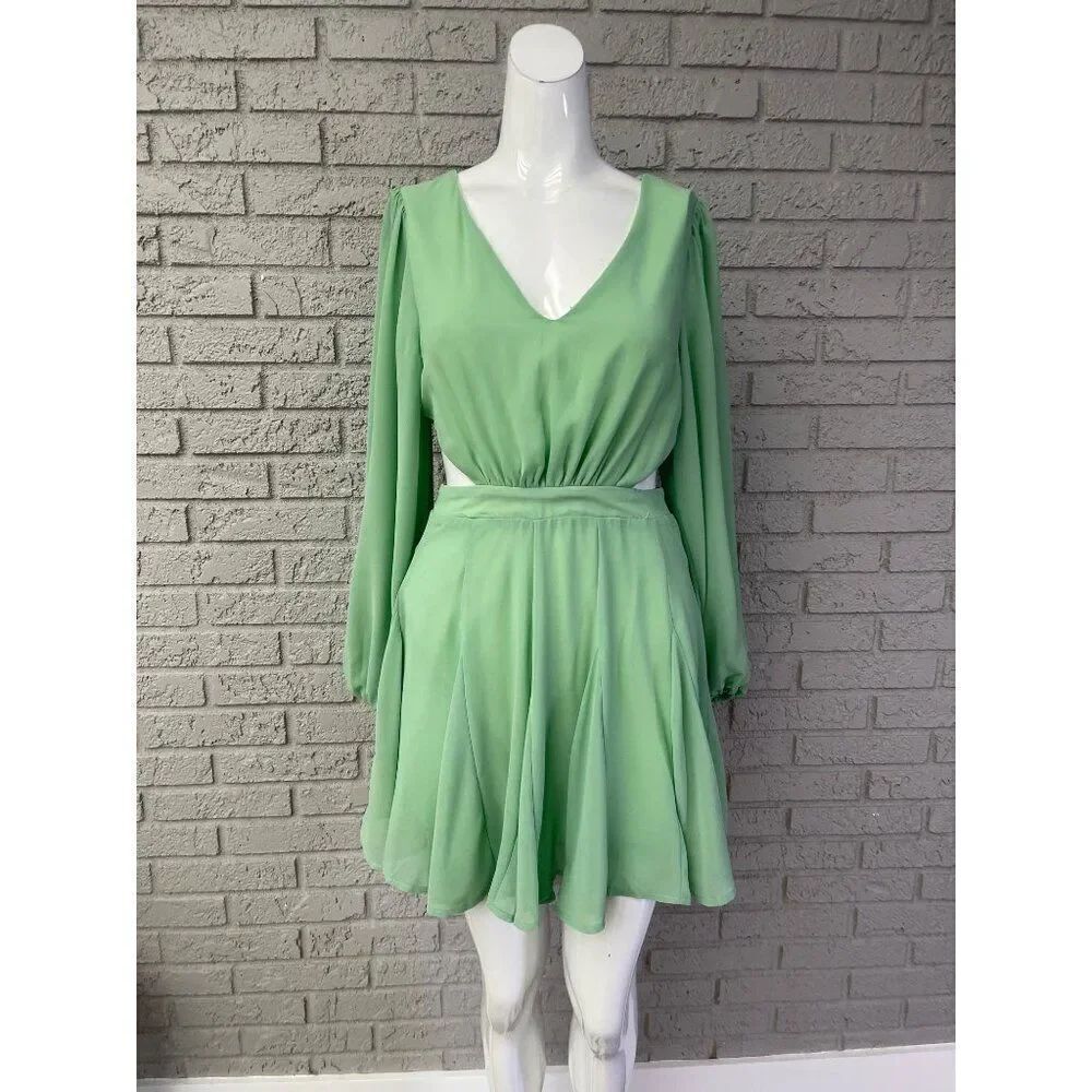 Pink Lily Women Green Balloon Sleeve Side Cut-Out Cocktail Dress Size XS